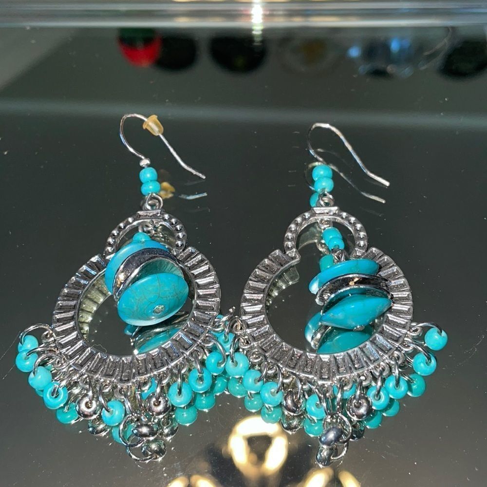 ‎Silver & turquoise bead drop wire earrings